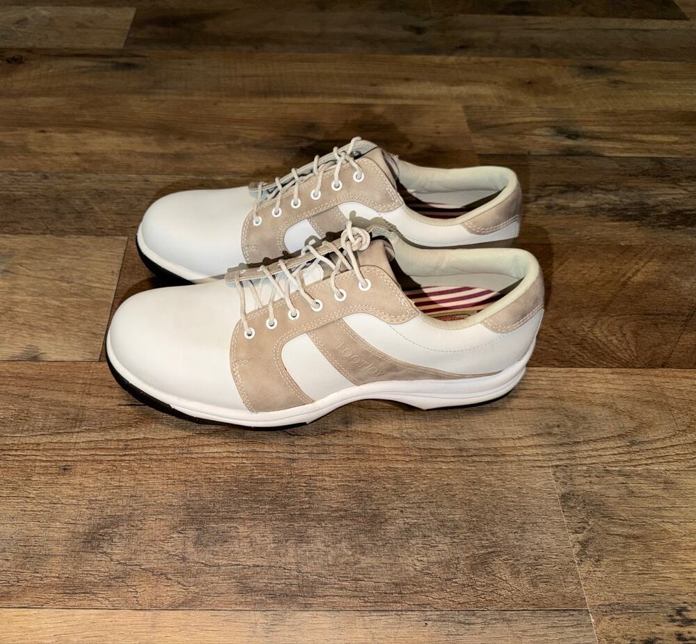 Footjoy women’s Contour Series white & sand colorway golf shoes